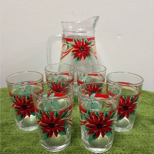 Poinsettia Glass Pitcher and Tumbler Set (with original box)